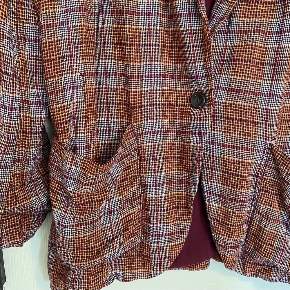 Free People Plaid Oversized Blazer Jacket Small Burgundy Yellow Boyfriend - Picture 7 of 11